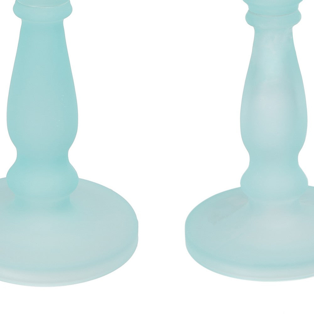 Qui 14, 11 Inch Candle Holders, Turned Pedestal, Blue Glass, Set of 2 - BM285579