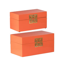 Neo 14, 11 Inch Set of 2 Decorative Boxes, Geometric Metal Accents, Orange - BM285589