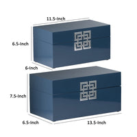 Neo 14, 11 Inch Set of 2 Decorative Boxes, Geometric Metal Accents, Blue - BM285590