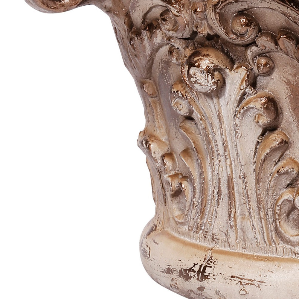 10 Inch Column Pedestal, Classic Carved Floral Scrollwork, Antique Gold - BM285591