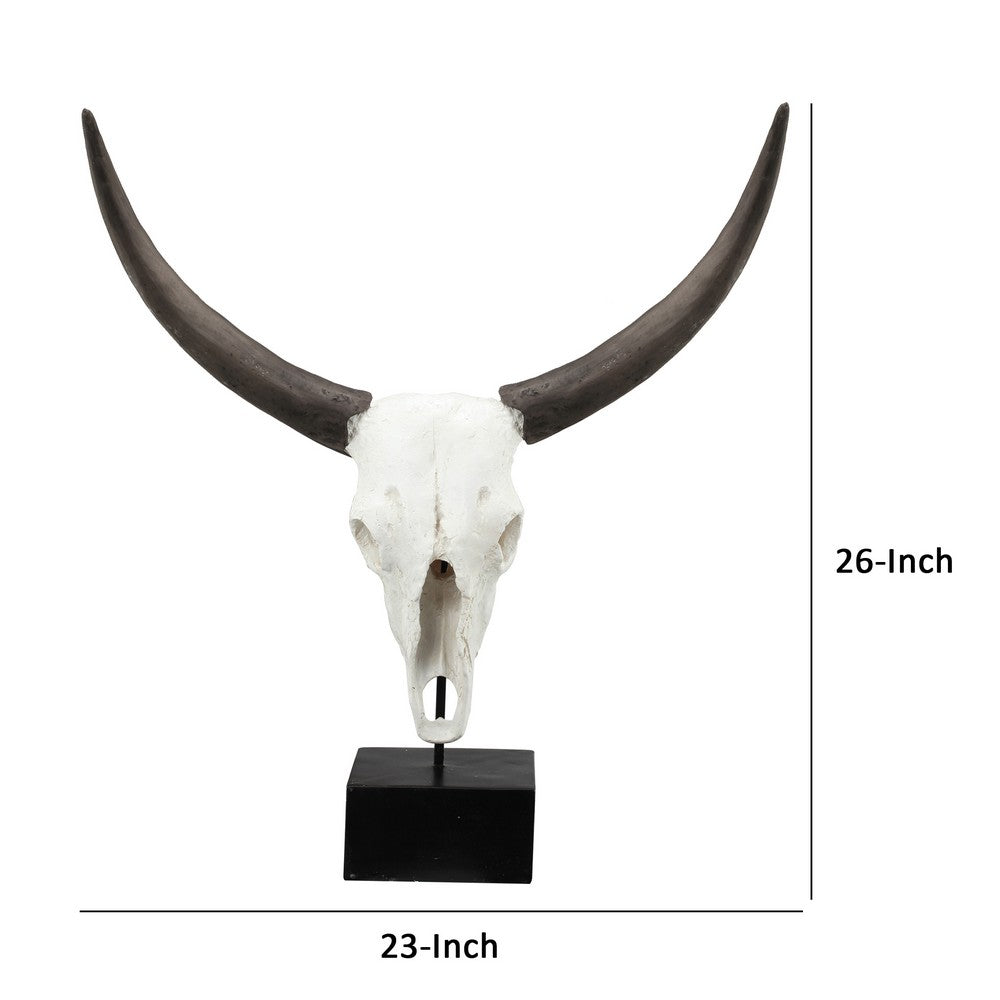 26 Inch Resin Cow Skull Accent Table Decoration, Metal Block Base, White - BM285592