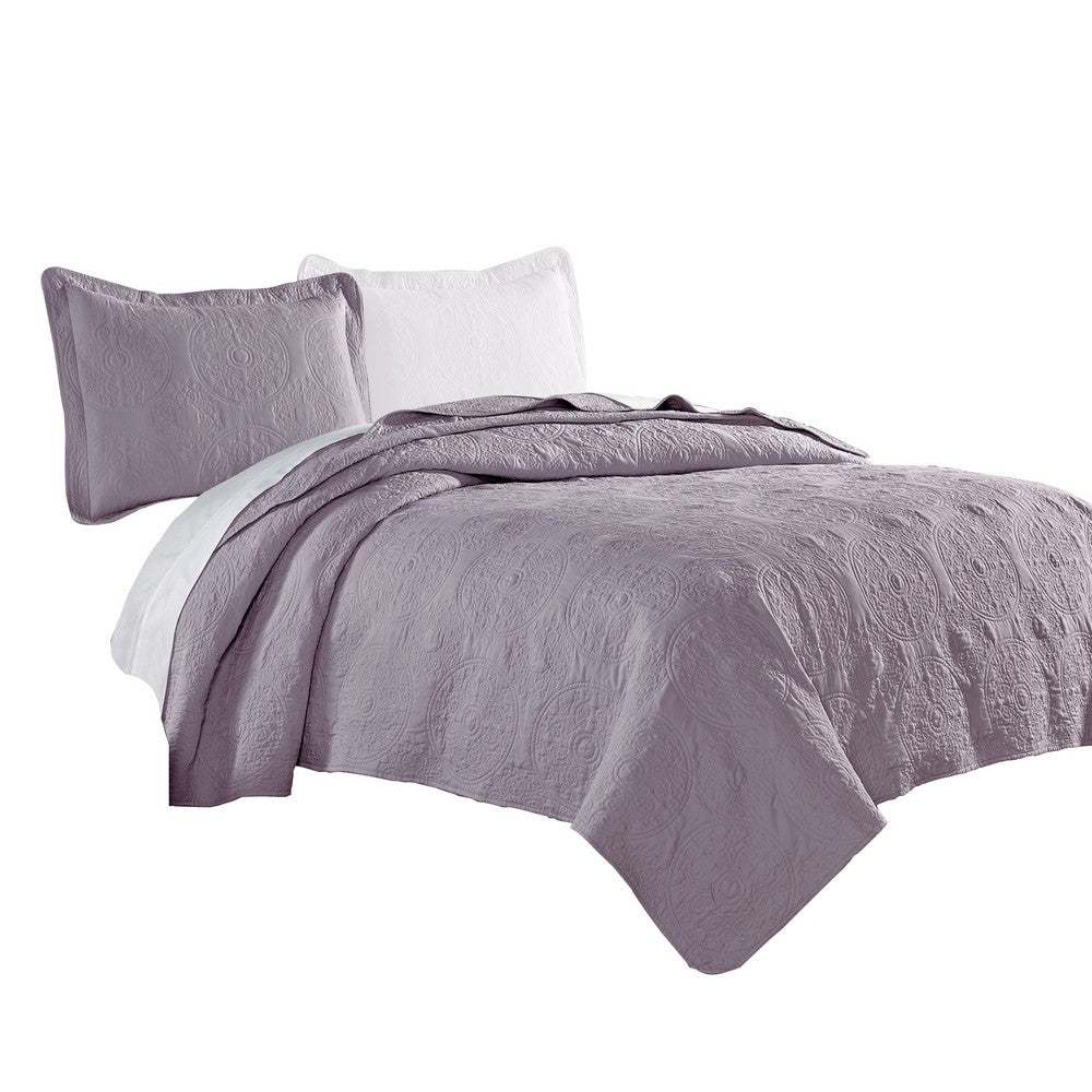 Ada 2 Piece Microfiber Twin Size Quilt Set, Mandala Embroidery, Purple - BM285612