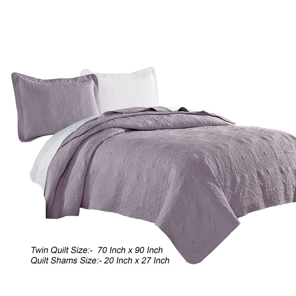Ada 2 Piece Microfiber Twin Size Quilt Set, Mandala Embroidery, Purple - BM285612