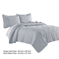 Ada 3 Piece Microfiber Full Size Quilt Set, Mandala Embroidery, Slate Blue - BM285616
