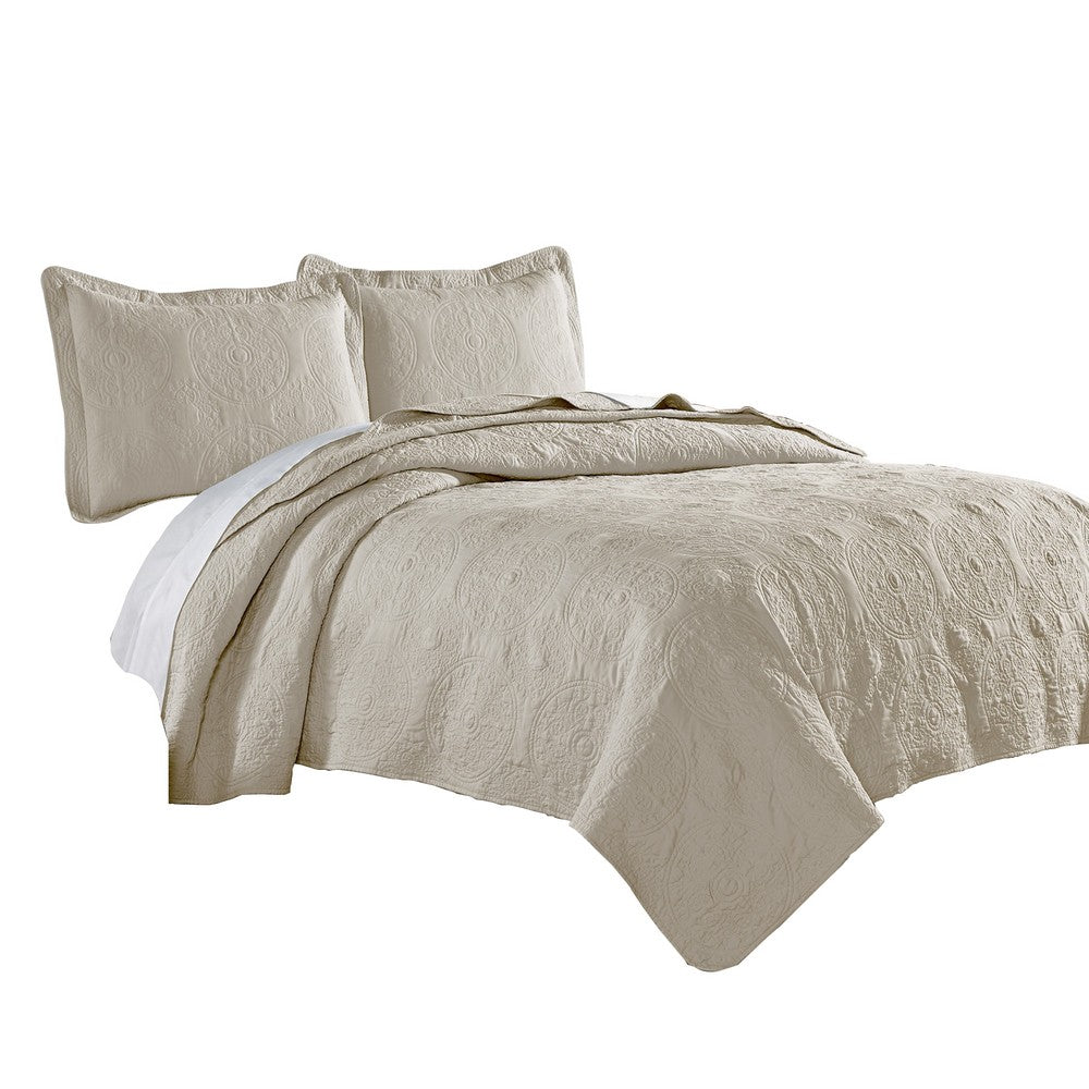 Ada 3 Piece Microfiber King Size Quilt Set, Mandala Embroidery, Cream - BM285622