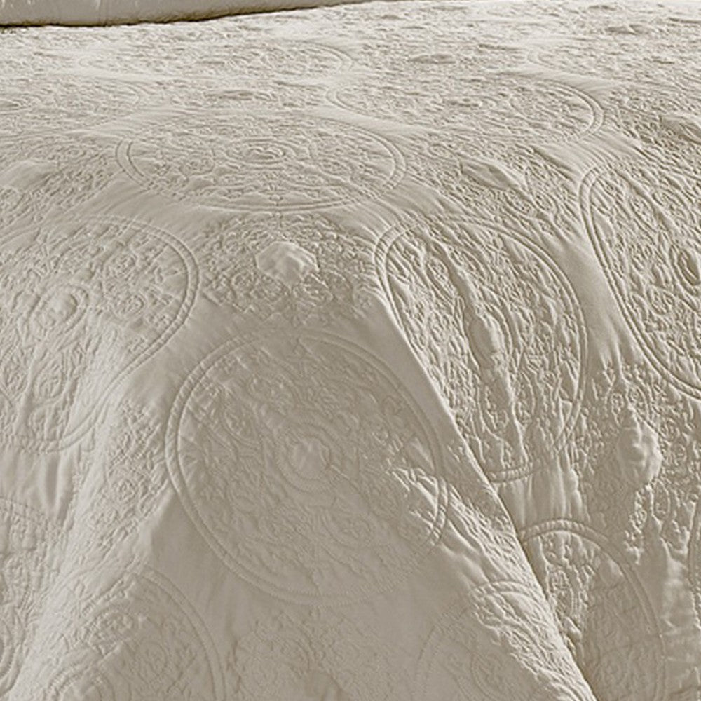 Ada 3 Piece Microfiber King Size Quilt Set, Mandala Embroidery, Cream - BM285622