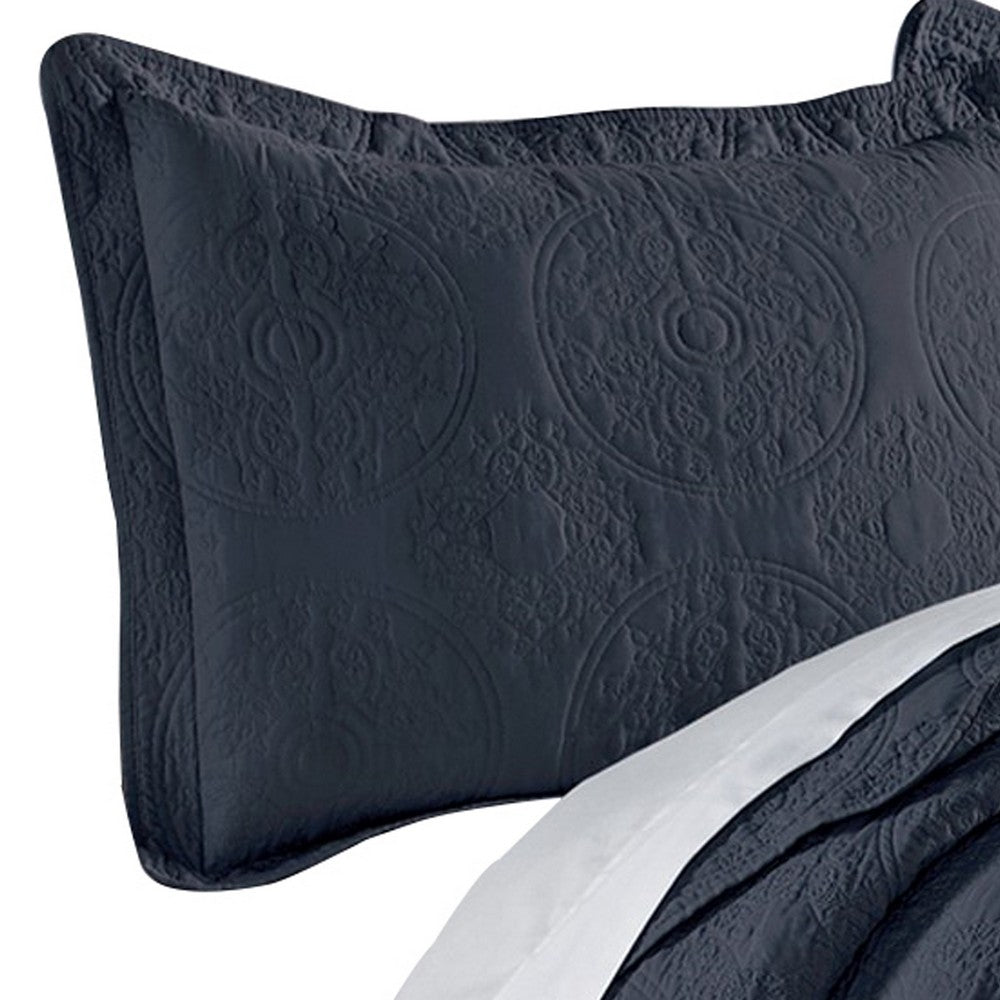 Ada 3 Piece Microfiber King Size Quilt Set, Mandala Embroidery, Indigo - BM285625