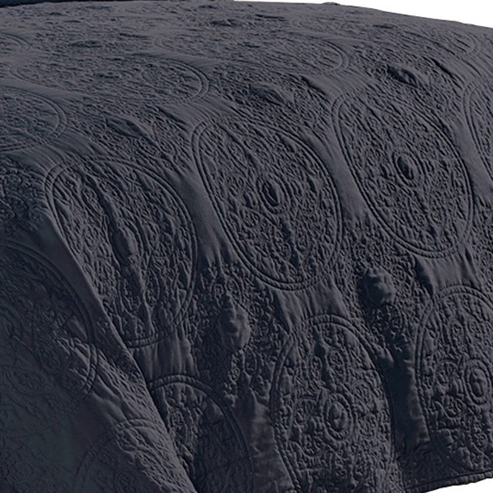 Ada 3 Piece Microfiber King Size Quilt Set, Mandala Embroidery, Indigo - BM285625