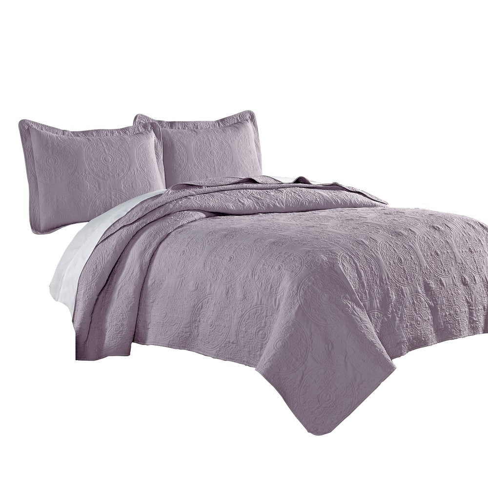 Ada 3 Piece Microfiber King Size Quilt Set, Mandala Embroidery, Purple - BM285626