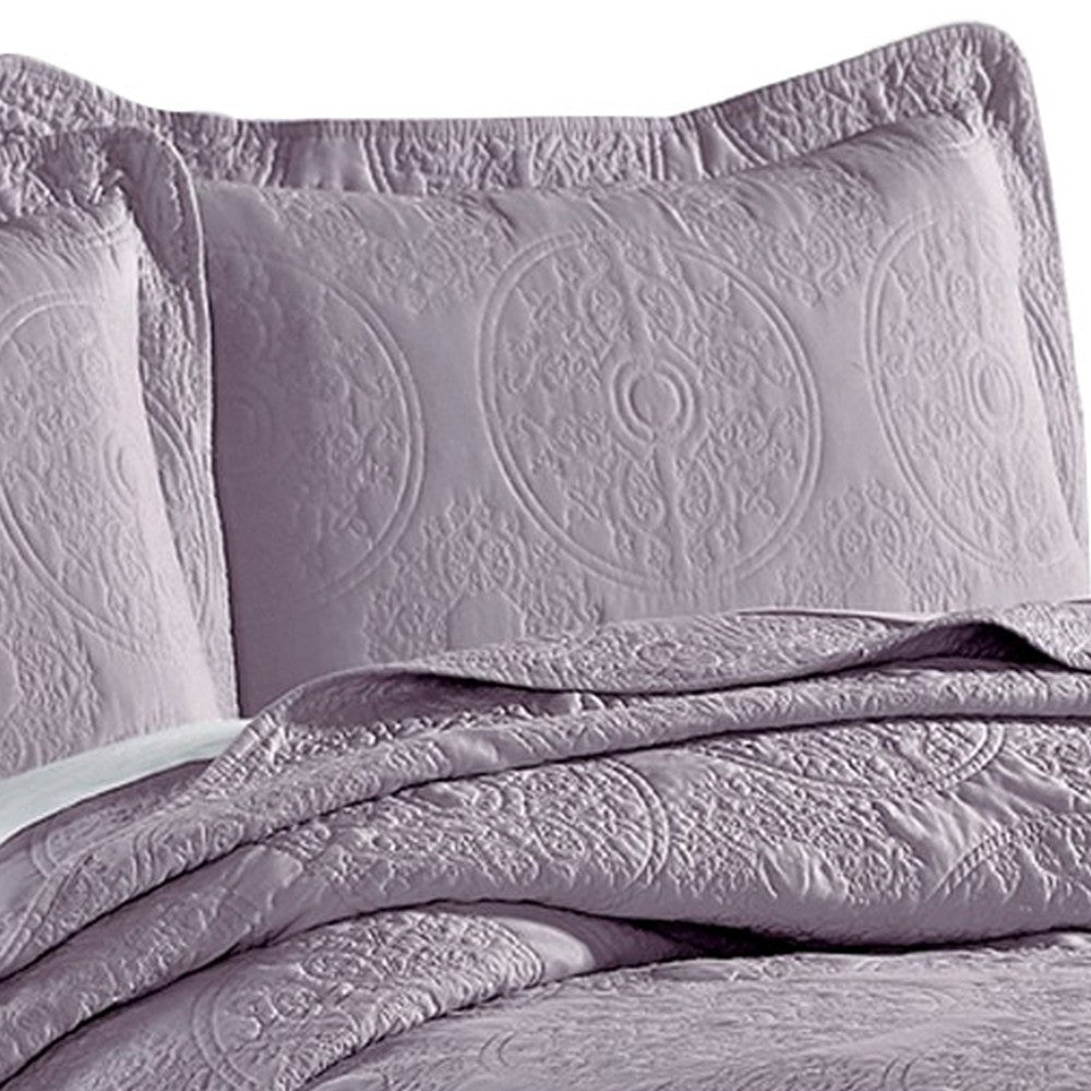 Ada 3 Piece Microfiber King Size Quilt Set, Mandala Embroidery, Purple - BM285626