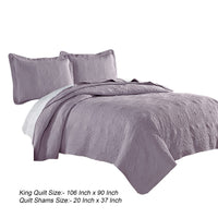 Ada 3 Piece Microfiber King Size Quilt Set, Mandala Embroidery, Purple - BM285626