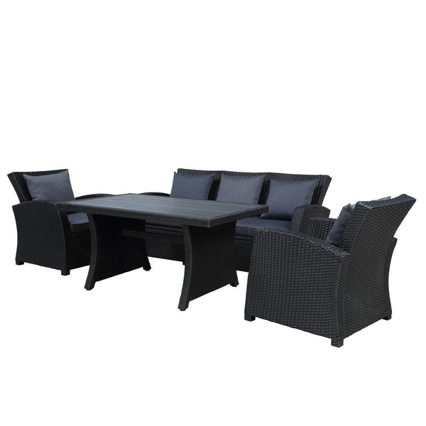 4 Piece Patio Sofa Set, Ergonomic Seats and Wood Tabletop, Black Rattan - BM285843