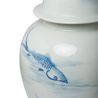 19 Inch Ginger Jar, Lidded, Painted Blue Koi Fish Over White Porcelain - BM285885