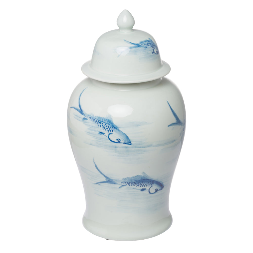 19 Inch Ginger Jar, Lidded, Painted Blue Koi Fish Over White Porcelain - BM285885