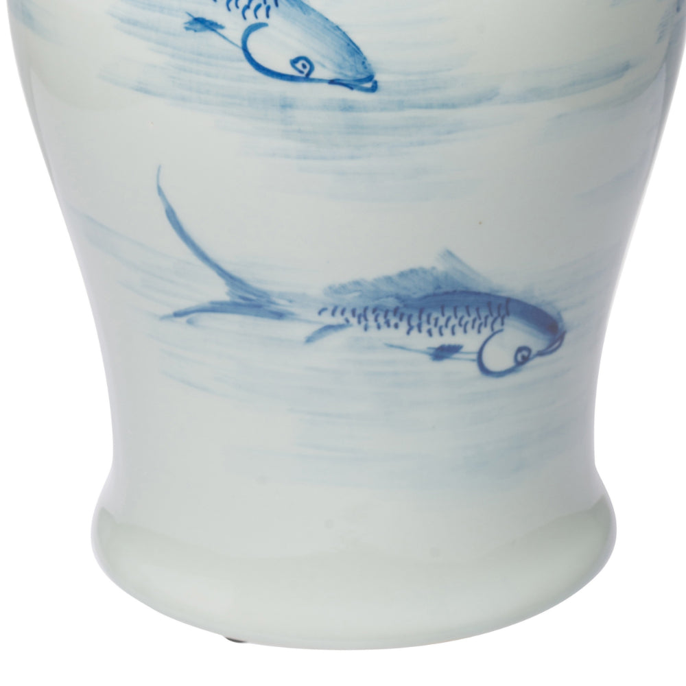 19 Inch Ginger Jar, Lidded, Painted Blue Koi Fish Over White Porcelain - BM285885
