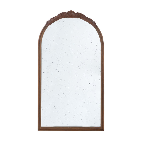 Eel 42 Inch Wall Mirror, Brown Arched Wood Frame, Hand Carved Rose Accent - BM285889