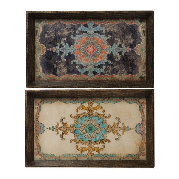 25 Inch Wood Tray, Vintage Style, Distressed Brown Wood Frame, Set of 2 - BM285901