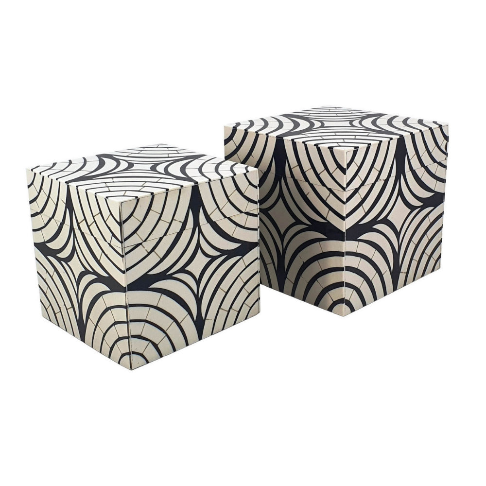 8, 7 Inch Storage Box Set of 2, Wood Frame, Black and White Trellis - BM285922
