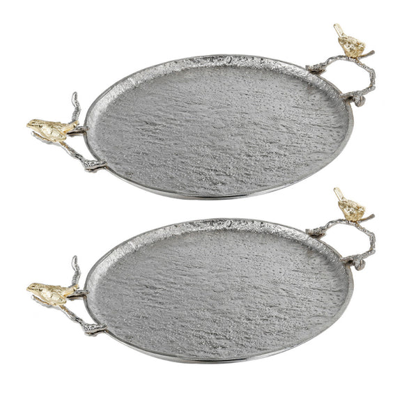 21 Inch Decorative Tray Set of 2, Perched Birds Silver Metal, Large - BM285923