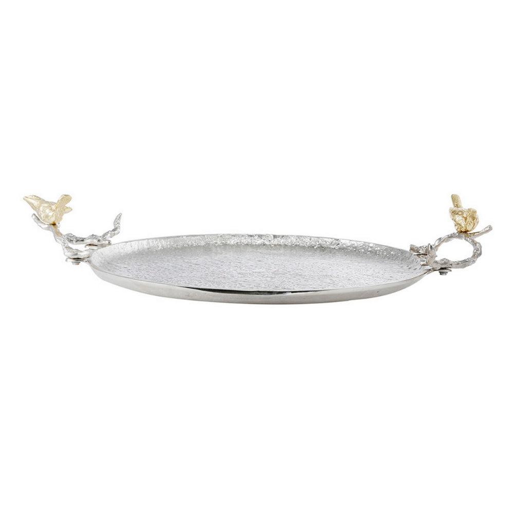 21 Inch Decorative Tray Set of 2, Perched Birds Silver Metal, Large - BM285923