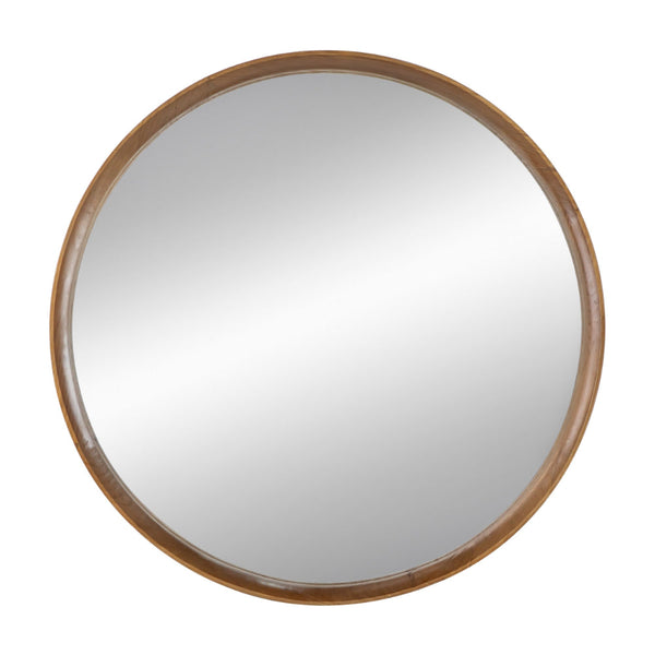 Roe 32 Inch Wall Mounted Round Mirror, Modern Brown Pine Wood Frame - BM285936