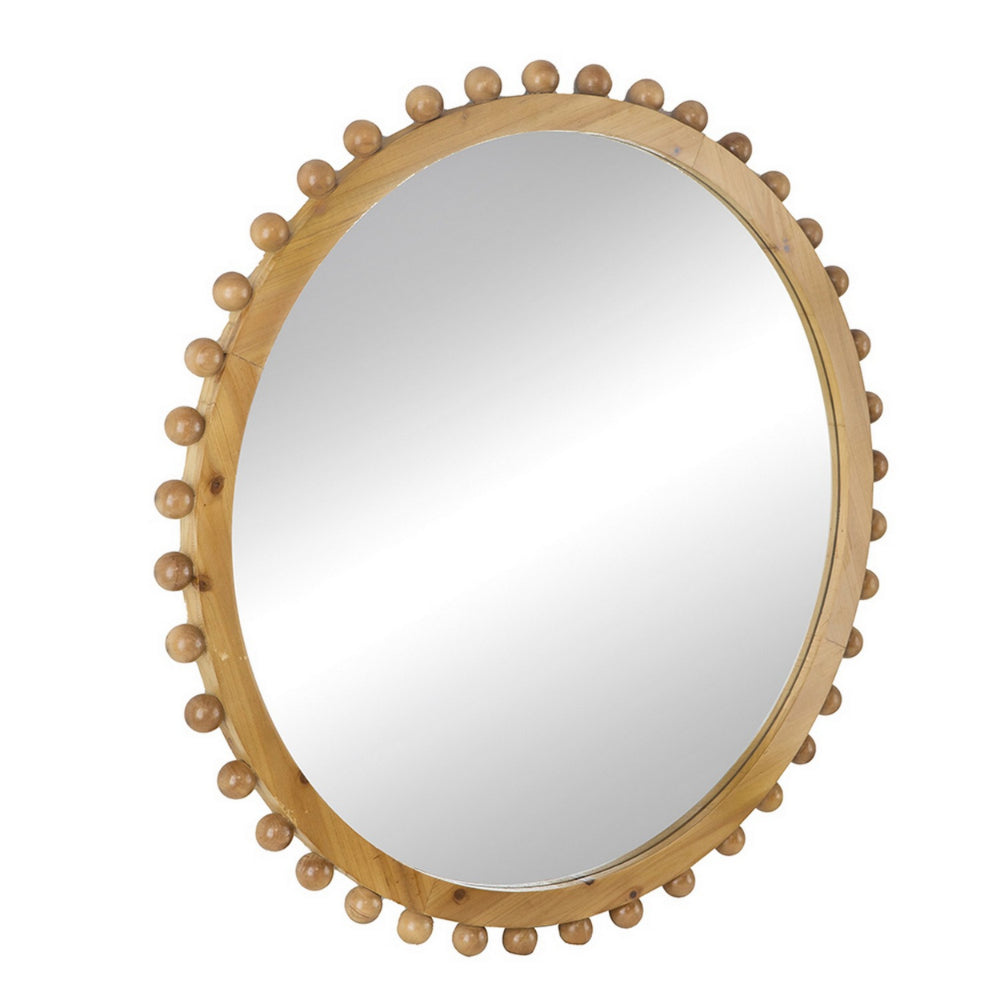Emu 34 Inch Round Wall Mirror with Beaded Natural Brown Fir Wood Frame - BM285937