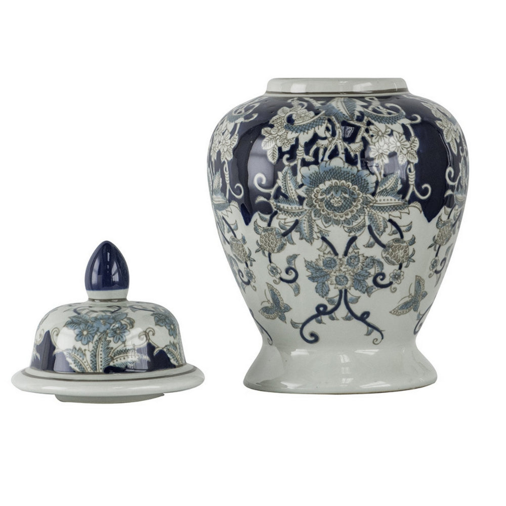 17 Inch Porcelain Ginger Jar with Lid, Vintage Blue and White Flower Design - BM285943