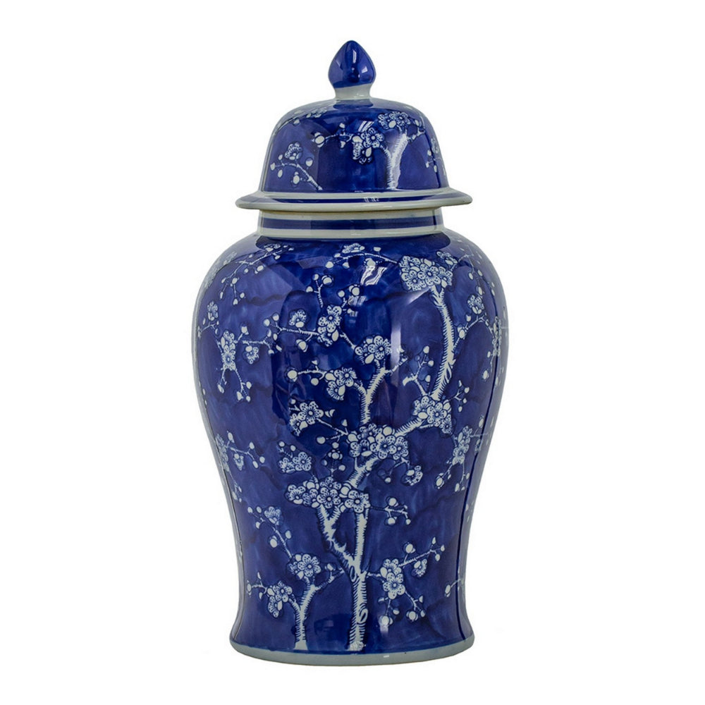 18 Inch Porcelain Ginger Jar, Finial Lid and Round Curved, Blue Flowers - BM285950