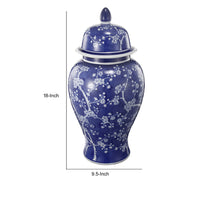 18 Inch Porcelain Ginger Jar, Finial Lid and Round Curved, Blue Flowers - BM285950