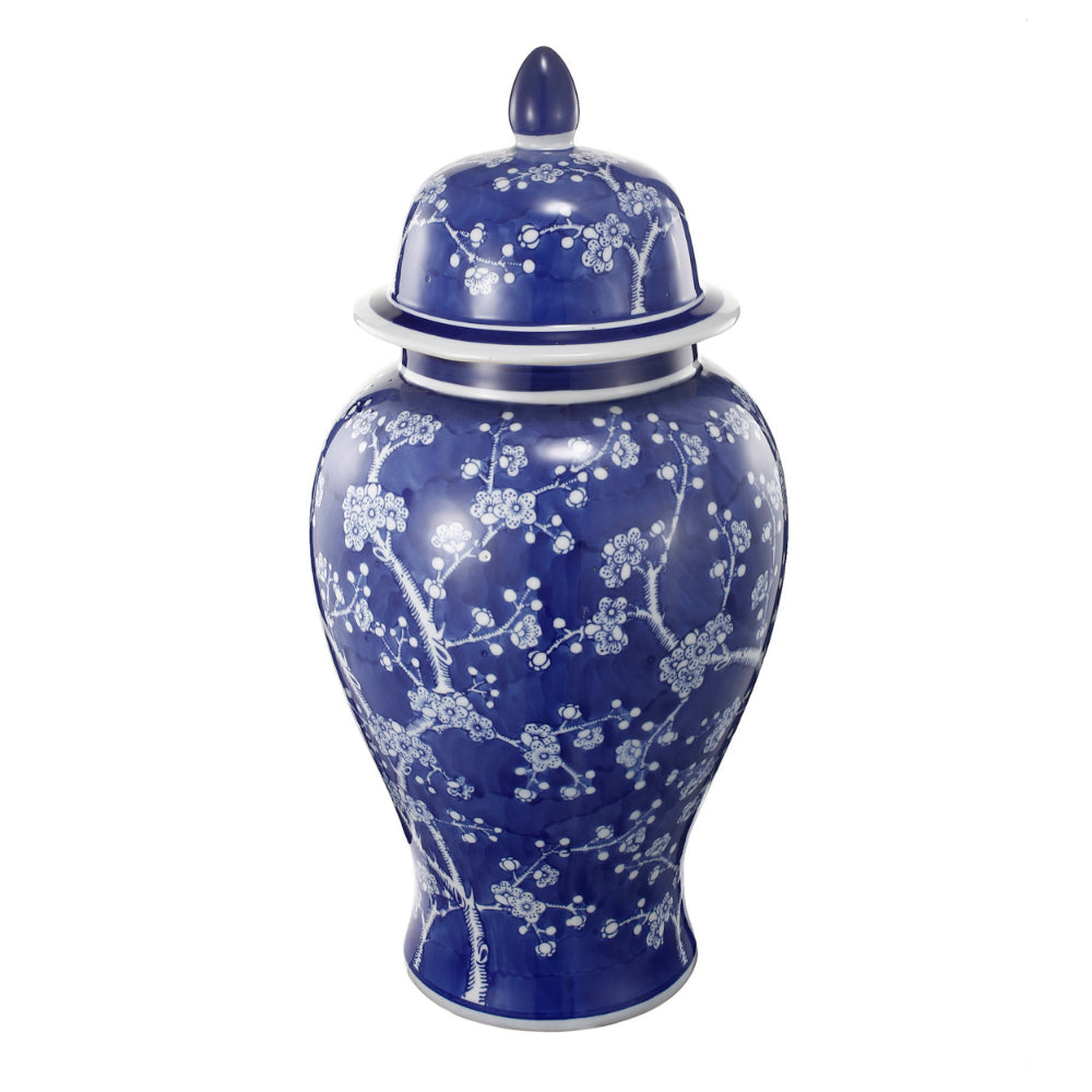 18 Inch Porcelain Ginger Jar, Finial Lid and Round Curved, Blue Flowers - BM285950