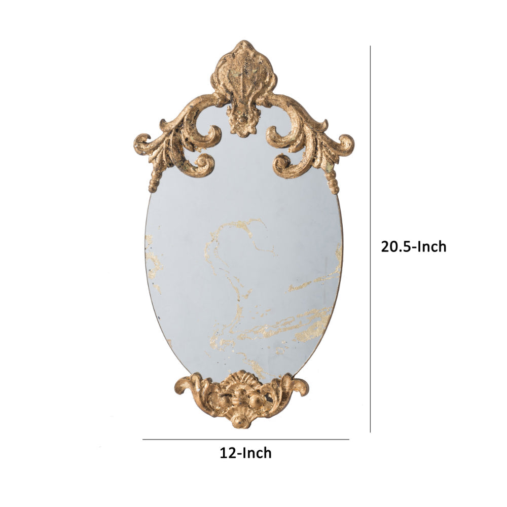 Vic 21 Inch Oval Wall Mirror, Ornate Scrolled Wood Frame, Antique Gold Finish - BM285953