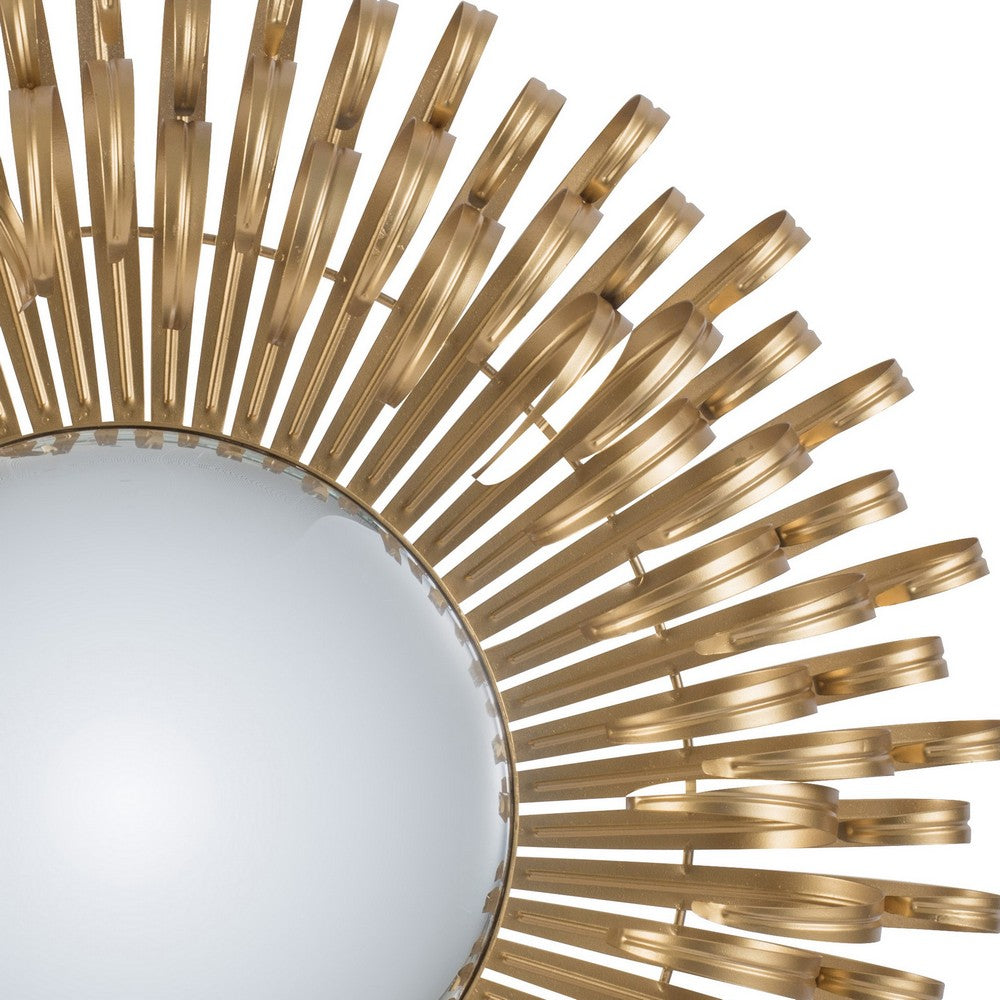 27 Inch Round Wall Mount Accent Decor Mirror, Sunburst, Iron Frame, Gold - BM286092