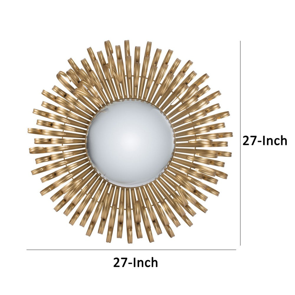 27 Inch Round Wall Mount Accent Decor Mirror, Sunburst, Iron Frame, Gold - BM286092