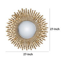 27 Inch Round Wall Mount Accent Decor Mirror, Sunburst, Iron Frame, Gold - BM286092