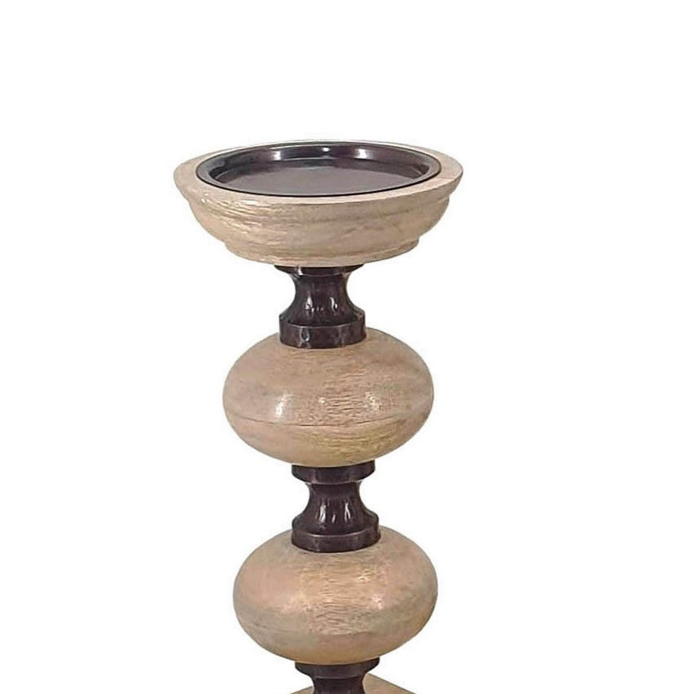 23, 18, 14 Inch Set of 3 Candleholders in Pillar Accent Wood Orbs, Brown - BM286098