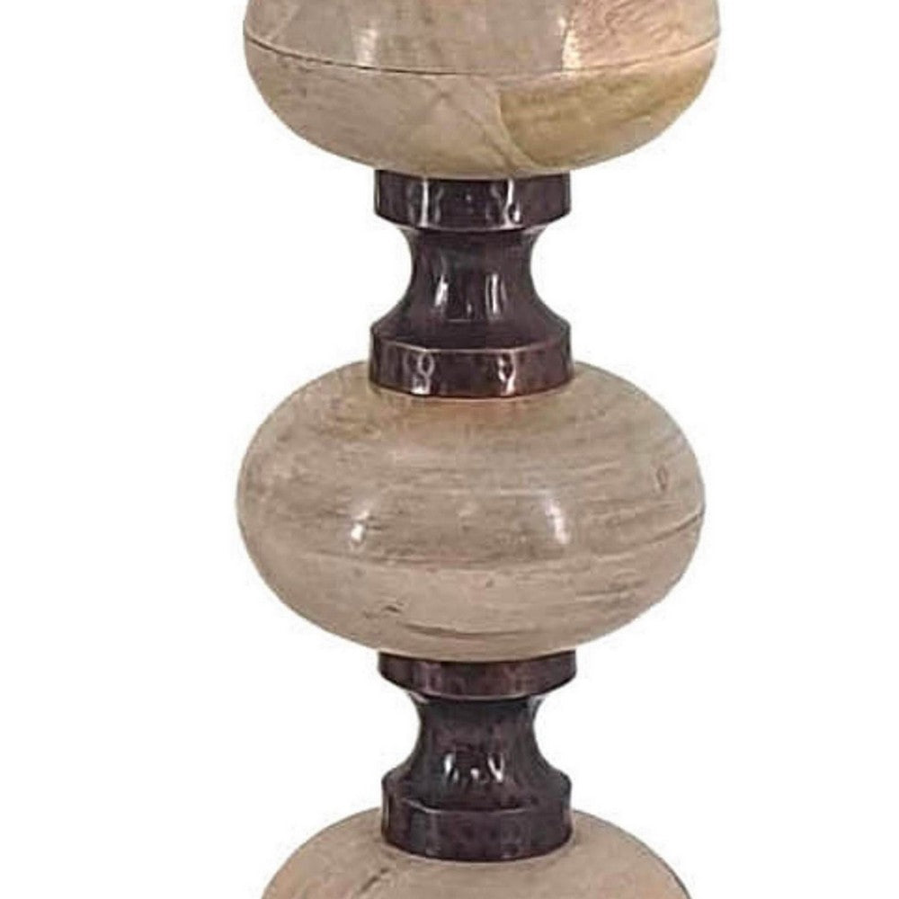 23, 18, 14 Inch Set of 3 Candleholders in Pillar Accent Wood Orbs, Brown - BM286098