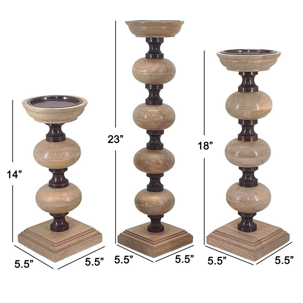 23, 18, 14 Inch Set of 3 Candleholders in Pillar Accent Wood Orbs, Brown - BM286098