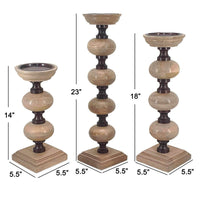 23, 18, 14 Inch Set of 3 Candleholders in Pillar Accent Wood Orbs, Brown - BM286098