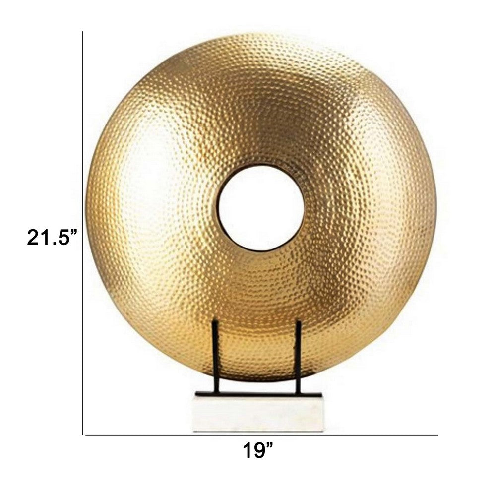 22 Inch Round Statuette, Tabletop Decor, Gold Disk, White Marble Base - BM286099