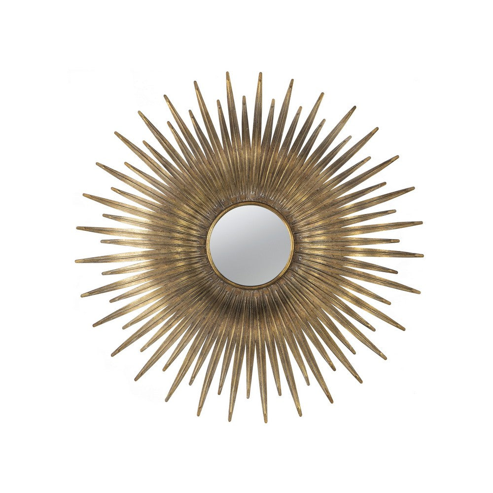 28 Inch Wall Mount Accent Mirror with Round Sunburst Iron Frame,  Gold - BM286103