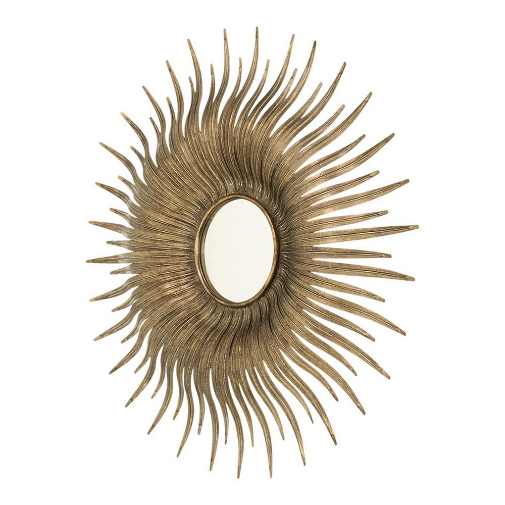 28 Inch Wall Mount Accent Mirror with Round Sunburst Iron Frame,  Gold - BM286103