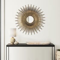 28 Inch Wall Mount Accent Mirror with Round Sunburst Iron Frame,  Gold - BM286103