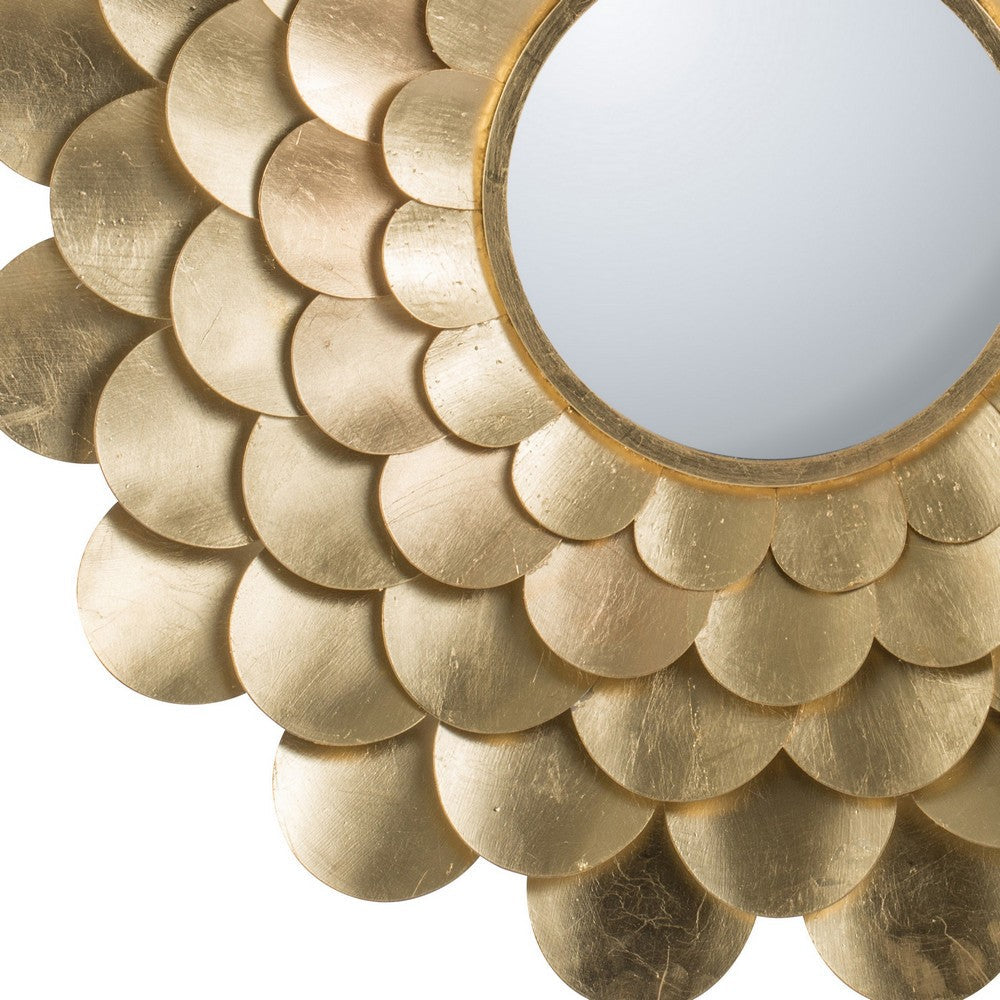 32 Inch Round Wall Mount Mirror, Blooming Flower Decor, Gold Finished Iron - BM286104