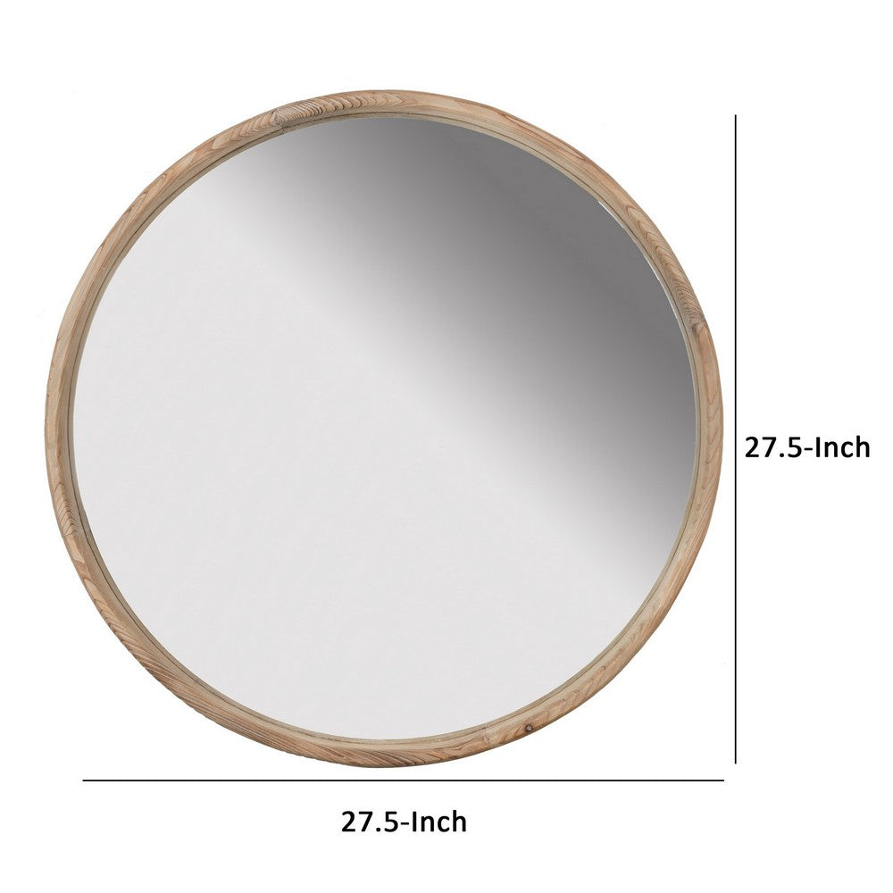 28 Inch Round Wall Mount Accent Mirror, Natural Fir Wood with Subtle Grains - BM286105