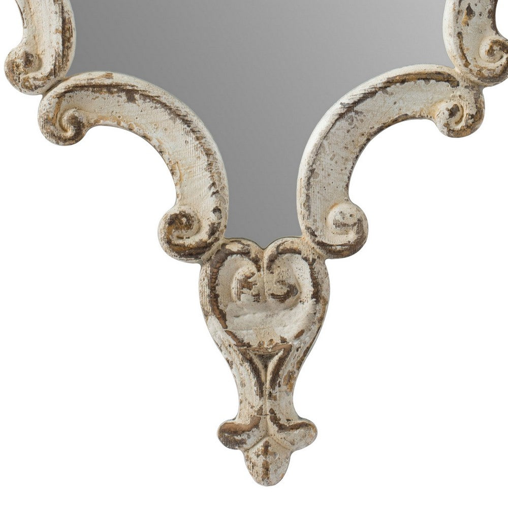 30 Inch Accent Wall Mirror, Carved Ornate Scrollwork Antique White Fir Wood - BM286109