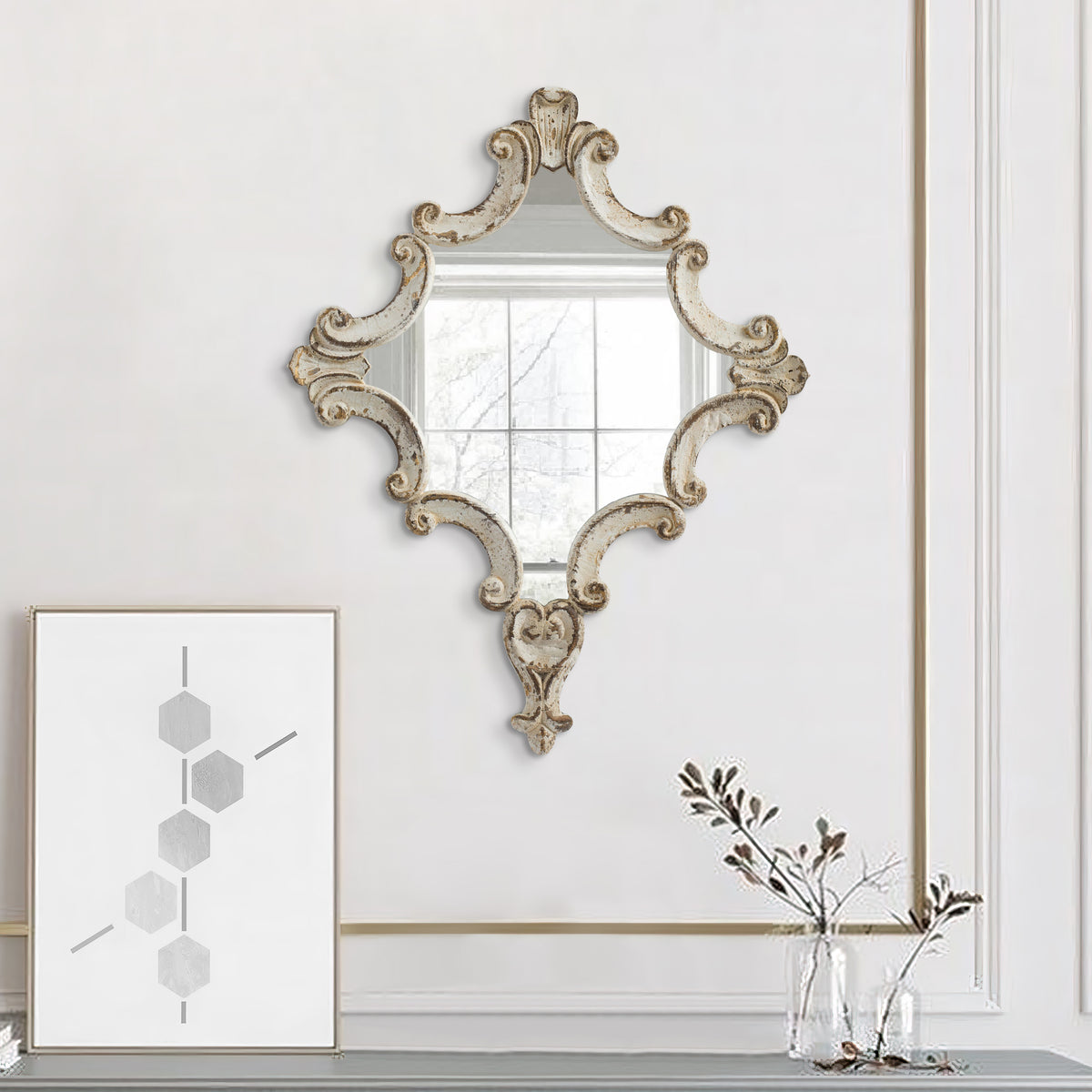 30 Inch Accent Wall Mirror, Carved Ornate Scrollwork Antique White Fir Wood - BM286109