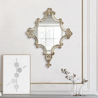30 Inch Accent Wall Mirror, Carved Ornate Scrollwork Antique White Fir Wood - BM286109