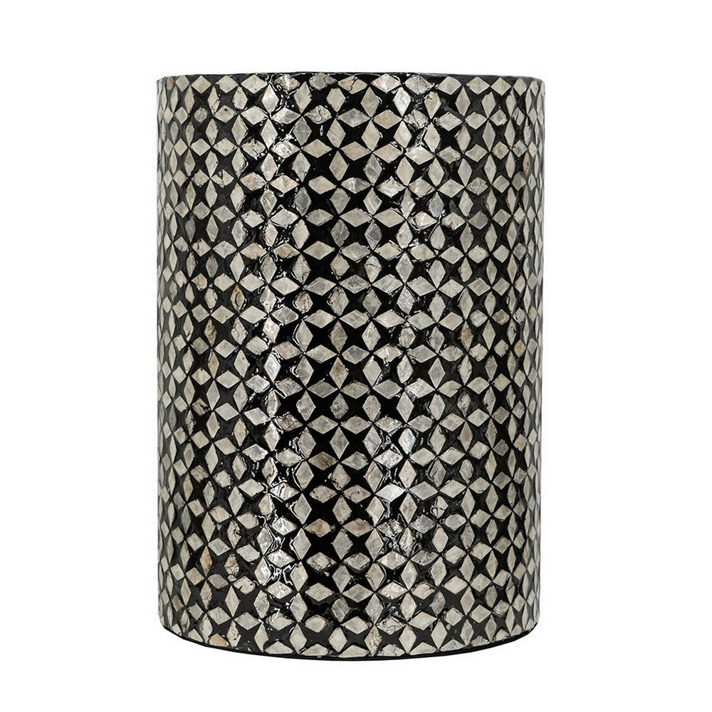 20 Inch Capiz Accent Stool Table, Cylindrical Geometric, Silver, Black - BM286115