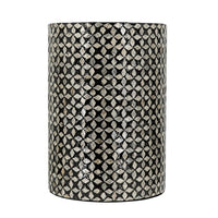 20 Inch Capiz Accent Stool Table, Cylindrical Geometric, Silver, Black - BM286115