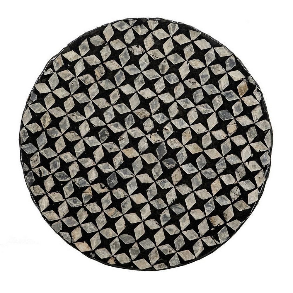 20 Inch Capiz Accent Stool Table, Cylindrical Geometric, Silver, Black - BM286115